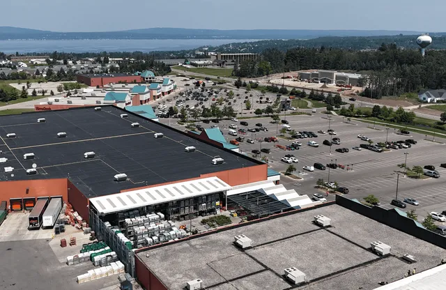 Aerial view of a large commercial flat roof
